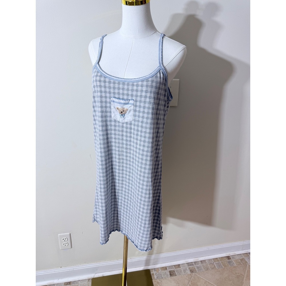 Y2K Secret Treasures Blue Plaid Teddy Bear Nightgown Sleep Dress Medium